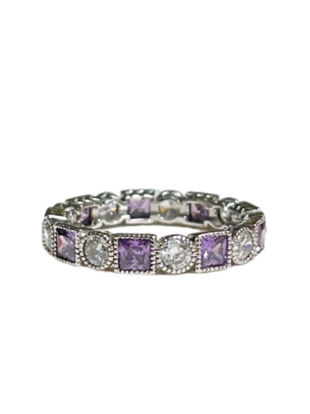 Vintage 926 sterling silver purple clear round square stone band ring size 7